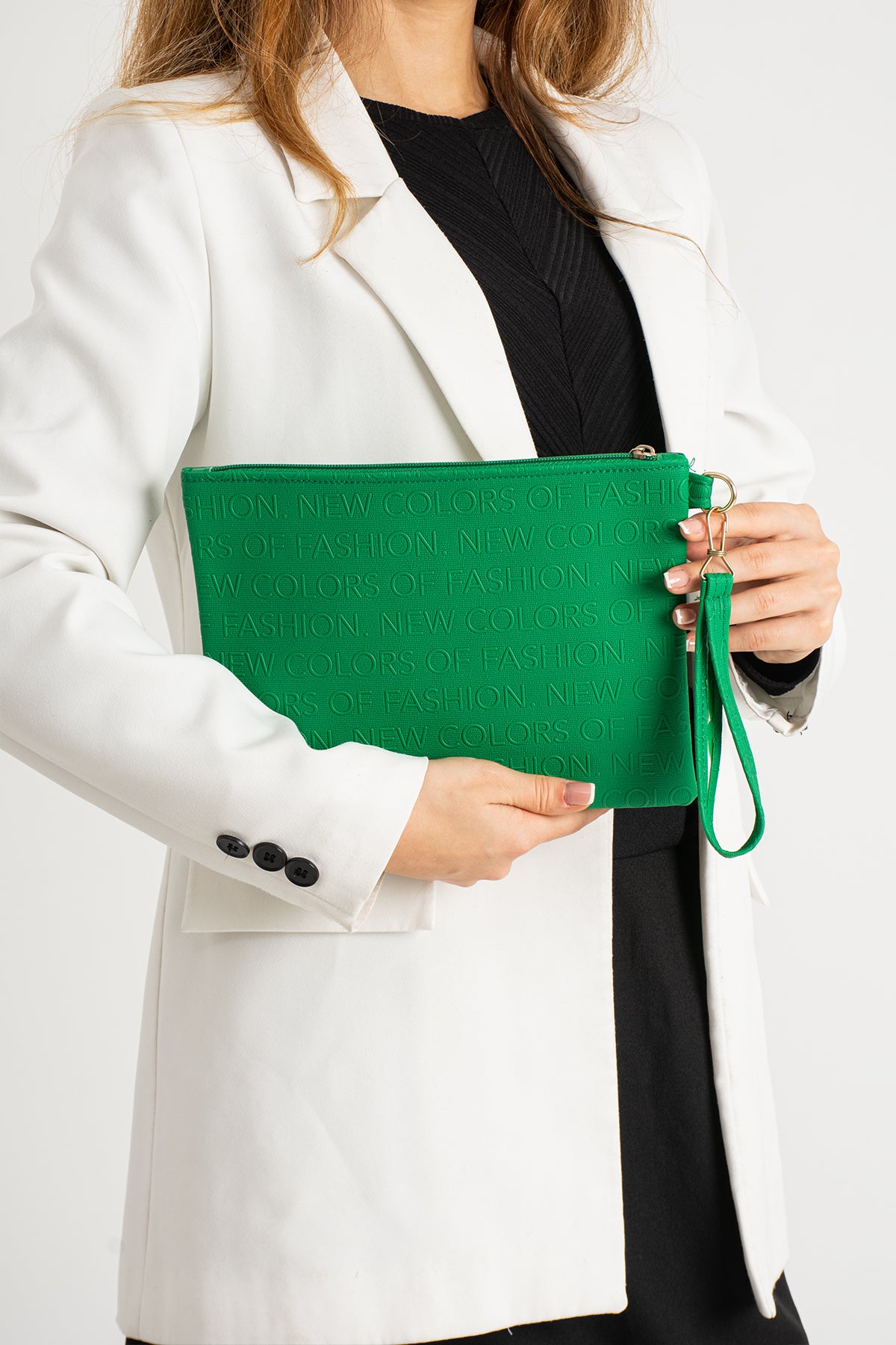 Yazılı El Askılı Portföy Clutch Çanta