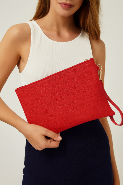 Yazılı El Askılı Portföy Clutch Çanta