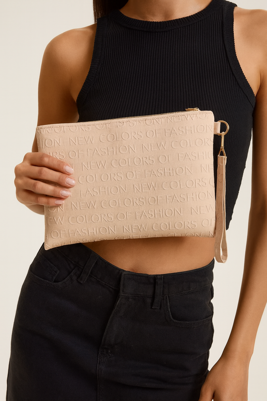Yazılı El Askılı Portföy Clutch Çanta